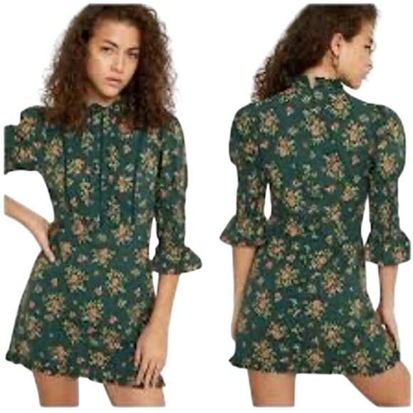 Laura Ashely x Urban Outfitters Maisy Mock Neck Green Floral Mini Dress Womens S - Picture 1 of 12